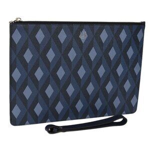 DUNHILL Blue Navy Cadogan Engine Turn Leather Zip Folio Clutch Bag Italy NWT